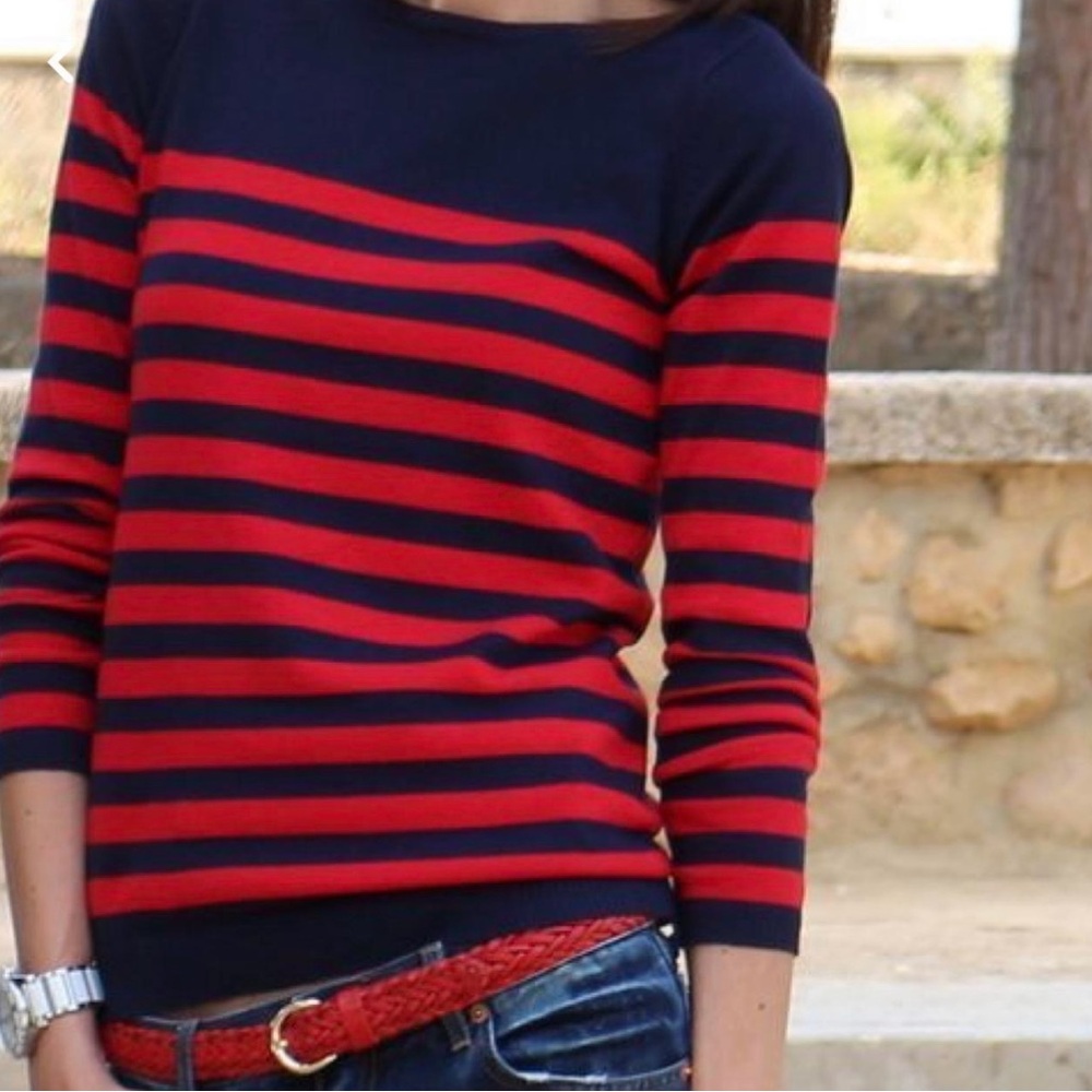 Talbots 100% Merino Wool Navy and Red Striped Sweater - Womens size Large